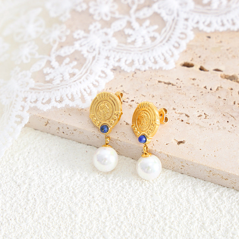Ins Style French Romantic Round Brand Micro Glass Bead With Bluestone Ear Studs