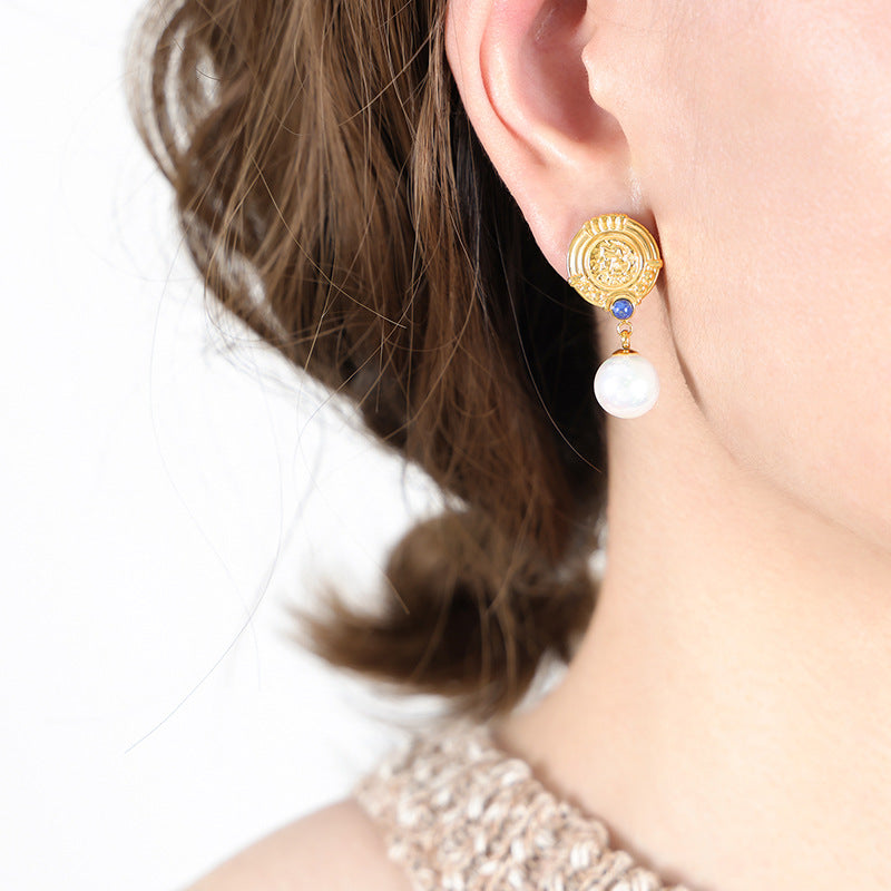 Ins Style French Romantic Round Brand Micro Glass Bead With Bluestone Ear Studs