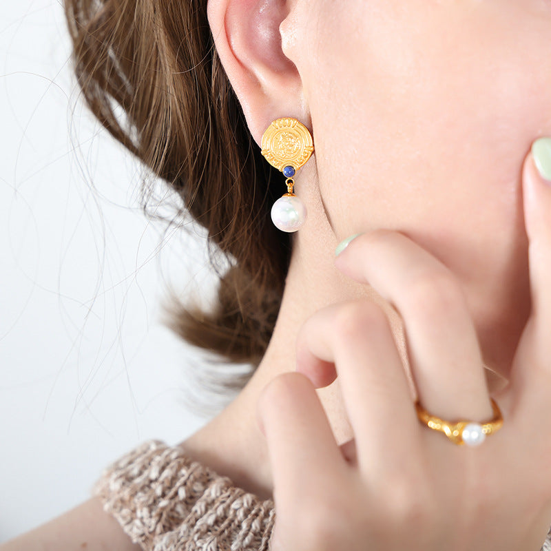 Ins Style French Romantic Round Brand Micro Glass Bead With Bluestone Ear Studs